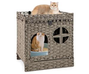 COSTWAY Wicker Cat House, Foldable Cats Litter Box Enclosure with Litter Mat, Flip-Down Door, Removable Cushion, Indoor Rattan Kitten Condo