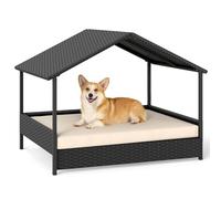 COSTWAY Wicker Dog Bed, Raised Rattan Dogs House with Canopy, Removable Cushion, Indoor Outdoor Elevated Pet Sofa for Small Medium Dogs Cats (Beige+Black, 98 x 69 x 74cm)