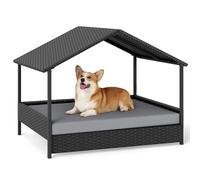 COSTWAY Wicker Dog Bed, Raised Rattan Dogs House with Canopy, Removable Cushion, Indoor Outdoor Elevated Pet Sofa for Small Medium Dogs Cats (Grey+Black, 98 x 69 x 74cm)