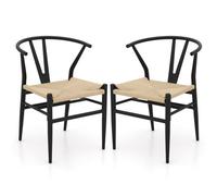 Costway Wishbone Dining Chair Set Of 2 Modern Weave Armchairs-Black+Natural