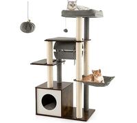 COSTWAY Wood Cat Tree, 127cm Cats Climbing Tower with Scratching Sisal Posts, Hammock, Top Perch, Condo, Swing Tunnel & Jingling Ball, Kitten Activity Center Play House for Indoor (Grey)