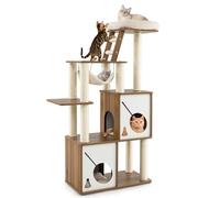 COSTWAY Wood Cat Tree, Modern Cats Climbing Tower with Scratching Posts, Hammock, Condos, Ladder, Removable Cushion, Indoor Kitten Activity Furniture Play House