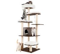 COSTWAY Wood Cat Tree, Tall Modern Cats Climbing Tower with Sisal Covered Scratching Posts, Washable Plush Cushions, Indoor Kitten Activity Furniture Play House