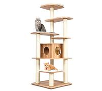 COSTWAY Wood Cat Tree, Tall Modern Cats Climbing Tower with Sisal Covered Scratching Posts, Washable Plush Cushions, Indoor Kitten Activity Furniture Play House