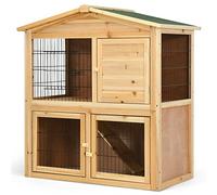 COSTWAY Wood Rabbit Hutch, Double Decker Guinea Pig Ferret Cage with Ramp, Waterproof Roof, Outdoor Pet House for Small Animals