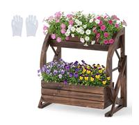 COSTWAY Wood Wagon Planter Box, 2-Tier Rustic Raised Garden Bed with Drainage Holes & Decorative Wheels for Vegetables Herbs Flowers, Indoor Outdoor Flower Cart Container (56 x 33 x 56.5cm, 2 Boxes)