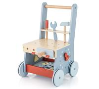 COSTWAY Wooden Baby Walker, 2 in 1 Push Along Walkers and Toy Tool Bench with Activity Center, Develop Motor Skills & Creativity, Toddler Sit-to-Stand Walker for Babies