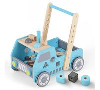 COSTWAY Wooden Baby Walker, 2 in 1 Push Along Walkers and Toy Tool Bench with Adjustable Speed, Bottom Storage, Toddler Activity Walker for Develop Motor Skills & Creativity (Blue)