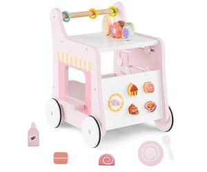 COSTWAY Wooden Baby Walker, 8 in 1 Toddler Push and Pull Learning Activity Center with Teaching Clock, Shape Matching, Accessories, Pretend Ice Cream Cart Toy for 12 Months +