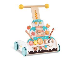 COSTWAY Wooden Baby Walker, Height Adjustable Push Along Walkers with Activity Center, Develop Motor Skills & Creativity, Toddler Sit to Stand Walker for 1+ Years Old