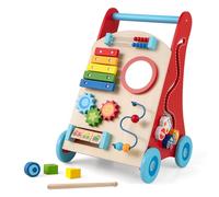 COSTWAY Wooden Baby Walker, Infant Push Along Activity Walkers with Interactive Activities, Toddler First Steps Early Development Toy (Red+Blue)