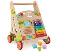 COSTWAY Wooden Baby Walker, Infant Push Along Activity Walkers with Interactive Activities, Toddler First Steps Early Development Toy (Natural)