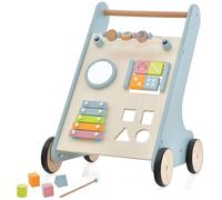 COSTWAY Wooden Baby Walker, Toddler Push Walker with Handle & Rubber Wheels, Sit to Stand Learning Kids’ Activity Center Walker Handle Push Walker Toy for 10+ Months Old (Blue)