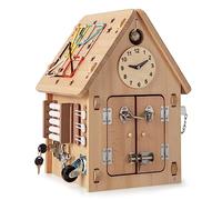 COSTWAY Wooden Busy Board, Toddler Montessori Busy House with Socket Zipper Sorter Gears Switch Clock, Activity Sensory Toy for Educational Learning