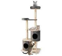 COSTWAY Wooden Cat Tree, 161cm Tall Cats Climbing Tower with 2 Condos, Sisal Scratching Posts Ladder and Top Perch, Multi-level Kitten Activity Center Play House for Indoor