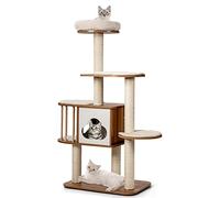 COSTWAY Wooden Cat Tree, Cats Climbing Tower with Condo, Sisal Scratching Posts and Washable Cushions, Indoor Kitten Activity Furniture Play House (142cm Tall, Natural)