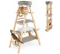 COSTWAY Wooden Cat Tree, Foldable Cats Climbing Tower Furniture with Upholstered Top Perch, Hammocks, Ladders & Sisal Scratch Posts, Space-saving Multi-Level Kitten Activity Center for Indoor Cats