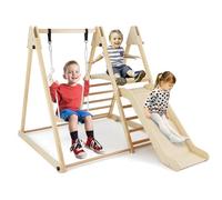 COSTWAY Wooden Climbing Frame with Adjustable Swing, Slide, Folding Toddler Playground Gym Playset for 3+ Years