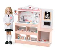 Costway Wooden Doctor Play Set Kids Medical Center with Clock in Pink COSTWAY Pink