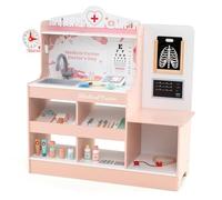 COSTWAY Wooden Doctor Playset, Educational Role Play Medical Station with Exam Area, X-Ray Film, 24 Interactive Accessories, Toddler Hospital Pretend Play Set for Boys Girls (Pink)