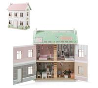COSTWAY Wooden Dollhouse, Multi-Level Dolls House with Double-sided Roof, Openable Door, Furniture & Accessories, 3-Storey Pretend Playset Toy for Kids 3+ Years Old