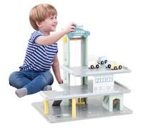 COSTWAY Wooden Garage Playset, 3 Storey Kids Parking Garage with 4 Toy Cars, Helicopter, Elevator, Pretend Vehicle Role Play Educational Toy for 3+ Years Old Boys Girls