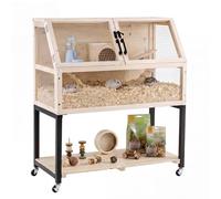 COSTWAY Wooden Hamster Cage, 2-Tier Small Animal House with Acrylic Windows | Lockable Casters, Storage Shelf, Ramp, Seesaw, Hut, Water Bowl, Guinea Pig Mice Rodent Activity Center