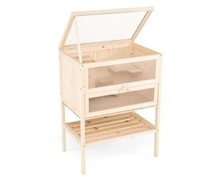 COSTWAY Wooden Hamster Cage, 3 Tiers Guinea Pig Mice Rodent House with Mesh Flip Roof, Multi-Ladder Areas, Lockable Door, Small Animals Exercise Play Cage