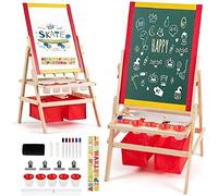 COSTWAY Wooden Kids Art Easel with Paper Roller, Storage Tray, Double Sided Easel Blackboard and White Magnetic Board for Children Educational Toys Gifts (Red with Storage Bag)