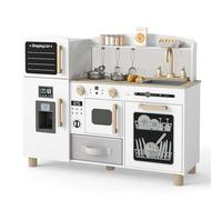 COSTWAY Wooden Kids Kitchen, Toddler Pretend Play Kitchen with Ice Maker, Sink, Blackboard & Acrylic Board, Utensils, Children Chef Role Playset for Boys Girls (White)