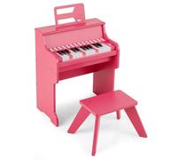 COSTWAY Wooden Kids Piano, 25 Key Toddler Digital Keyboard with Stool, Adjustable Speed & Volume, Removable Music Stand, Educational Music Instrument for Boys Girls (Pink)