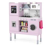 COSTWAY Wooden Kids Play Kitchen, Height Adjustable Pretend Cooking Playset with Light, Sound, Toy Telephone, Ice Maker & 16 PCS Accessories, Children's Chef Role Play Set for Boys Girls (Pink)