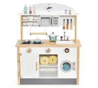 COSTWAY Wooden Kids Play Kitchen, Pretend Cooking Playset with Faucet & Sink, Microwave Oven, Washing Machine, Accessories, Children's Chef Role Play Set for Boys Girls (without Apron and Hat)