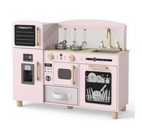 Costway Wooden Kids Play Kitchen Toddler Toy Kitchen Play Set With Blackboard-Pink