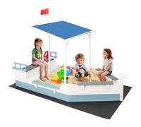 COSTWAY Wooden Kids Sandpit, Pirate Ship Sand Boat with Storage Bench Seat, Canopy, Rudder and Bottom Liner, Outdoor Sandbox for Backyard, Lawn, Beach