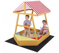 COSTWAY Wooden Kids Sandpit, Ship-Shaped Sandbox Sand Boat with Canopy, 4 Corner Seats, Rudder & Groundsheet, Outdoor Sand Box for Backyard Lawn Beach, 103 x 135 x 140cm