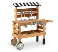 COSTWAY Wooden Kids Tool Bench, 2-in-1 Toddler Workbench Rolling Cart with Play Tools Set, Canopy and Wheels, Toddlers Construction Pretend Role Play Set for Boys Girls Ages 3+