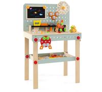 COSTWAY Wooden Kids Workbench, Children's Tool Bench with Play Tools Set, Blackboard, Rotatable Clock & Storage Shelf, Toddlers Construction Pretend Role Play Set for Ages 3 + (Blue+Natural)