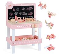 COSTWAY Wooden Kids Workbench, Children's Tool Bench with Play Tools Set, Blackboard, Rotatable Clock & Storage Shelf, Toddlers Construction Pretend Role Play Set for Ages 3 + (Pink)