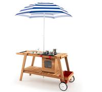 COSTWAY Wooden Mud Kitchen Age 3+, Outdoor Kitchen Playset with Umbrella, Sink, Storage Cabinet and Accessories, Wheeled Role Pretend Cooking Cart for Kids Toddlers (Natural+Blue)