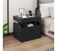 Costway Wooden Nightstand Modern Bedside Table w/ Drawer & Charging Outlets in Black COSTWAY Black