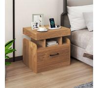 Costway Wooden Nightstand Modern Bedside Table w/ Drawer & Charging Outlets in Natural COSTWAY Natural