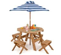 Costway Wooden Octagon Table Set Kids Picnic Table & 4 Chairs W/ Umbrella
