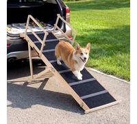 COSTWAY Wooden Pet Ramp, Foldable Dog Car Ladder with 6-level Adjustable Heights, Non-slip Carpet, Removable Side Rails, 150cm Long Dog Ramps for Vehicle, High Bed and Sofa