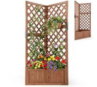 COSTWAY Wooden Planter with Trellis, Corner Raised Garden Bed with Drainage Holes & Removable Bottom Panels, Outdoor Trough Planter Box for Climbing Plants Vines Flowers, 50 x 50 x 140cm (Brown)