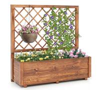 COSTWAY Wooden Planter with Trellis, Raised Garden Bed with Liner, Drainage Design & Removable Bottom Panels, Outdoor Trough Planter Box for Climbing Plants Vines (Brown, No Liner, 98 x 34 x 104 cm)