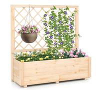 COSTWAY Wooden Planter with Trellis, Raised Garden Bed with Liner, Drainage Design & Removable Bottom Panels, Outdoor Trough Planter Box for Climbing Plants Vines (Natural, No Liner, 98 x 34 x 104 cm)