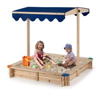 Costway Wooden Sandbox Outdoor Children Play Sandpit w/ Height-adjustable Canopy in Natural COSTWAY Natural