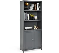 Costway Wooden Tall Bookcase 3-Tier Shelving Storage Cabinet 2 Doors Display Organizer in Grey COSTWAY Grey