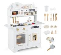 COSTWAY Wooden Toy Kitchen, Kids Pretend Play Kitchen with 17 Pcs Accessories, Realistic Microwave, Oven, Coffee Maker, Sink, Interactive Toy Role Play Playset for 3+ Years Old (White)